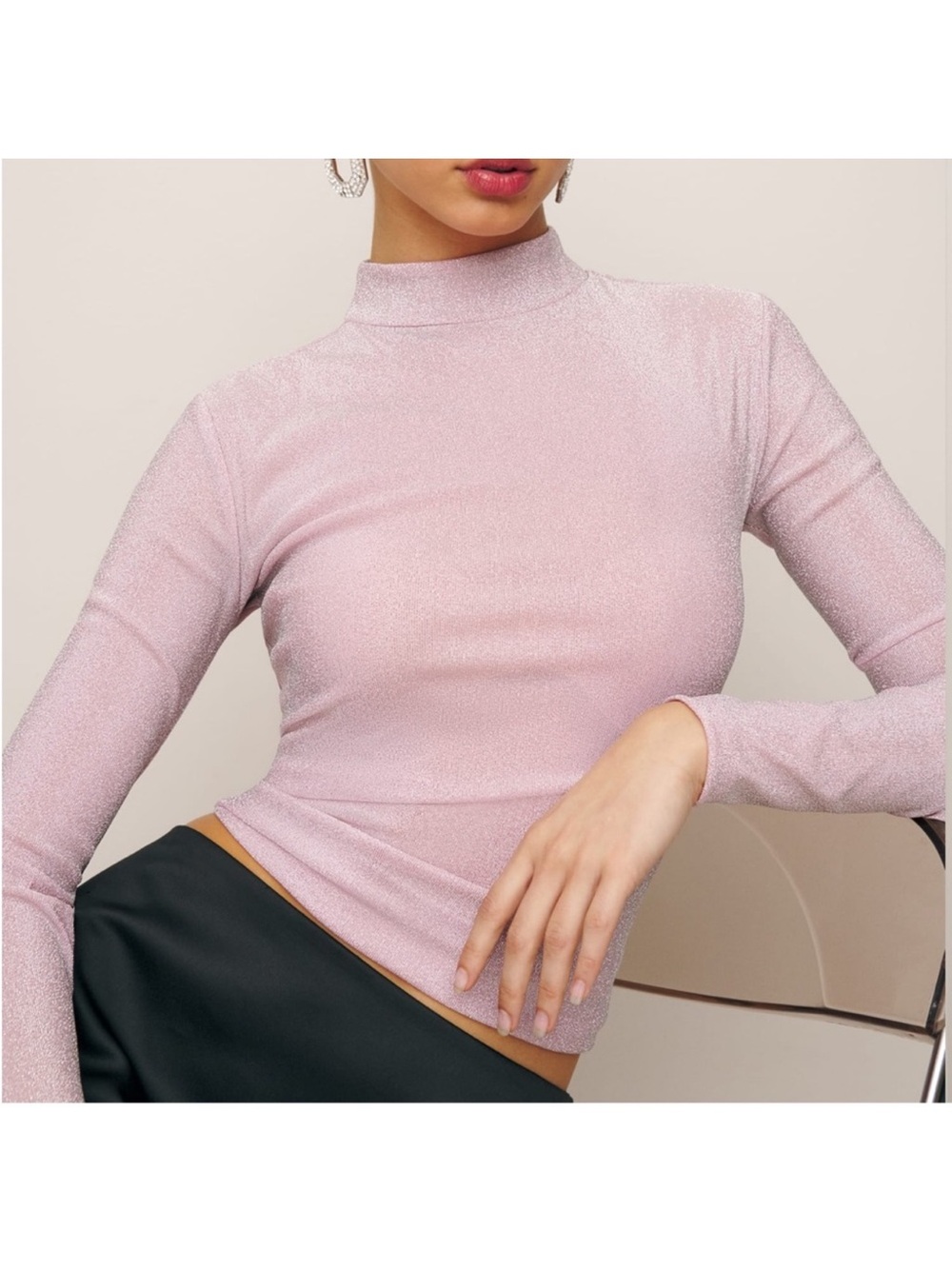 Reformation Shimmer Junie  Mock Neck Long Sleeve Top - Light Pink